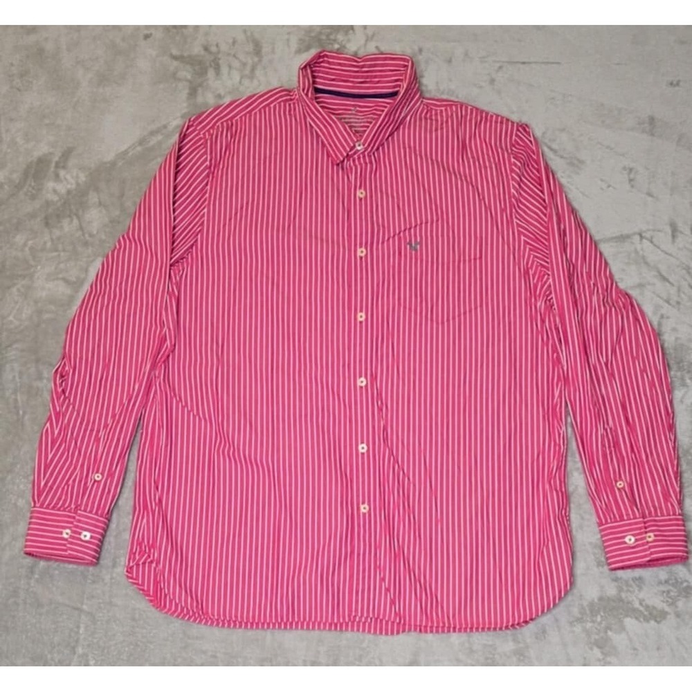 American Eagle Mens Button Up Shirt XXL Pink White Vertical Striped Chest Pocket